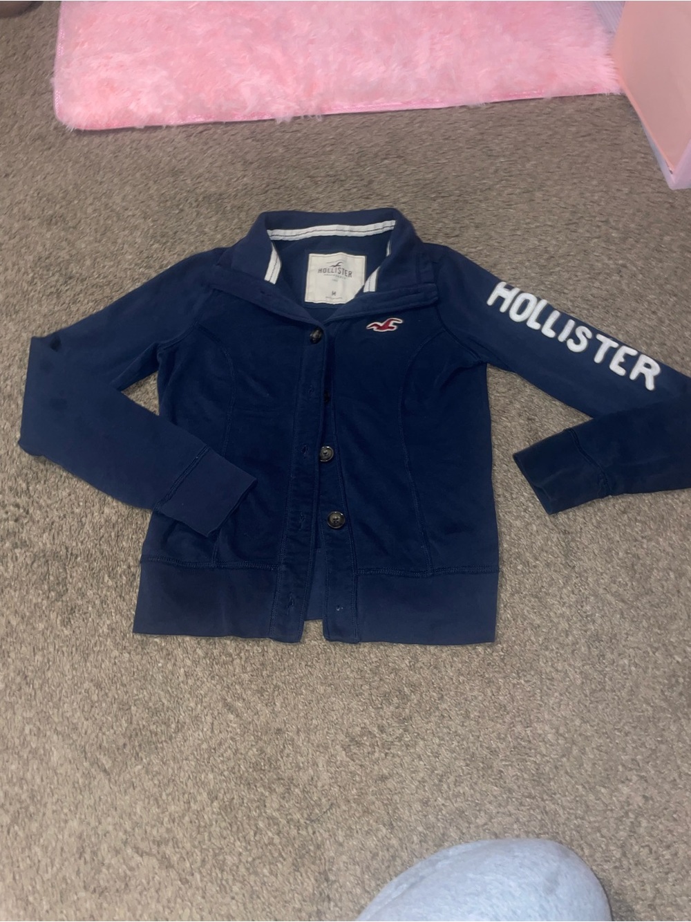 Hollister Navy Button-Up Logo Sweat Jacket